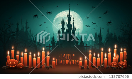 Halloween card with castle, moon and bats 132787696