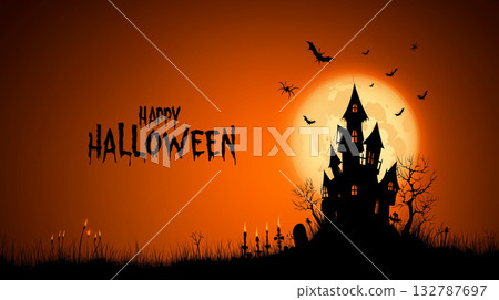 Halloween card with castle, moon and bats 132787697