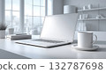 Modern minimalist workspace with laptop and coffee cup 132787698