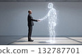 Man in suit shaking hands with transparent glowing AI figure 132787701