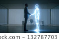 Man in suit shaking hands with transparent glowing AI figure 132787703