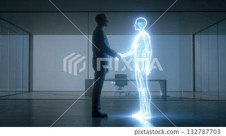 Man in suit shaking hands with transparent glowing AI figure Man in suit shaking hands with transparent glowing AI figure 132787703