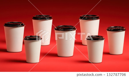 White coffee cups with black lids on red 132787706