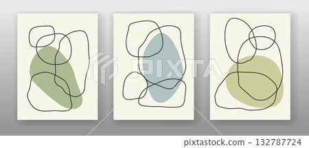 Graphic design with abstract round shapes for a poster or cover with empty space for text. Abstract art with smooth lines and colorful spots. Set of templates. Vector illustration Graphic design with abstract round shapes for a poster or cover with empty space for text. Abstract art with smooth lines and colorful spots. Set of templates. Vector illustration 132787724