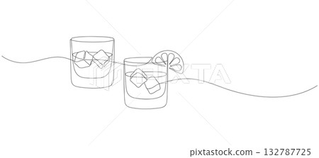 Whiskies and ice. Scotch on the rocks in two glasses. Whiskey and soda. Continuous one line drawing vector illustration 132787725