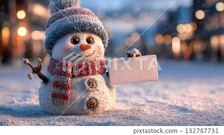 Snowman holding letter with city lights background 132787731