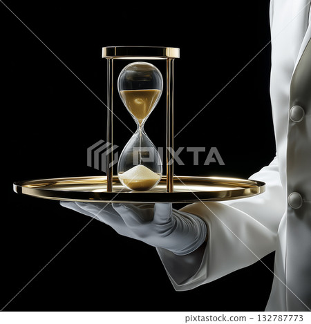 White-Gloved Hand Holding Gold Tray with Hourglass on Black Background in Luxury Style 132787773