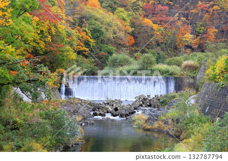 Autumn leaves along the Tateiwa River in Minamiaizu Town 132787794