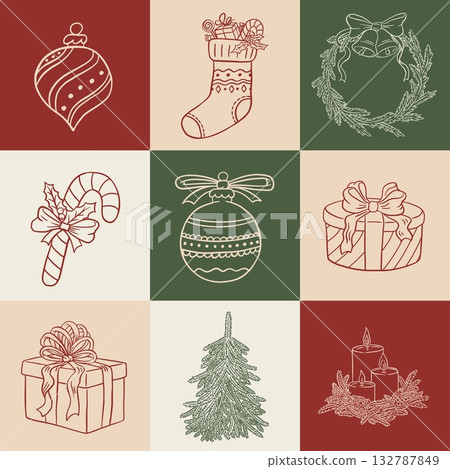 Hand drawn vintage Christmas seamless pattern with decorations, Xmas tree, sweets and gifts. Retro New Year vector illustration. Winter holiday background 132787849
