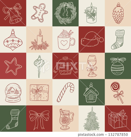 Hand drawn vintage Christmas decorations seamless pattern. Retro Xmas ornaments vector illustration. Doodle winter holiday background Hand drawn vintage Christmas decorations seamless pattern. Retro Xmas ornaments vector illustration. Doodle winter holiday background 132787850