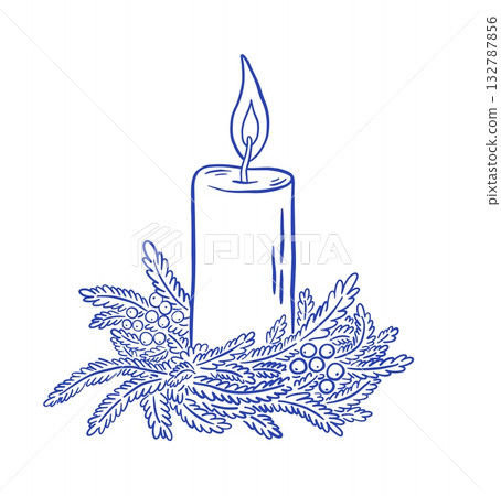 Vintage hand drawn Christmas candle with pine wreath vector illustration. Doodle Xmas, New Year decoration. 132787856
