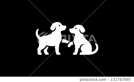 Minimalist white dogs silhouette logo on black background Minimalist white dogs silhouette logo on black background 132787895