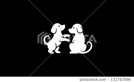 Minimalist white dogs silhouette logo on black background Minimalist white dogs silhouette logo on black background 132787896