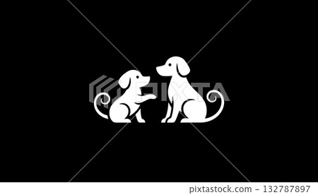 Minimalist white dogs silhouette logo on black background 132787897
