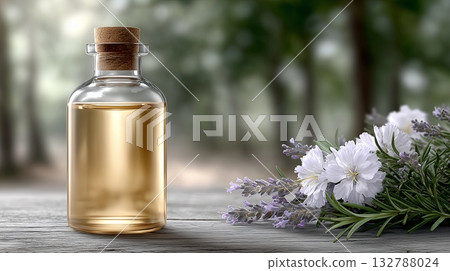 Bottle of essential oil beside fresh flowers in a natural setting 132788024