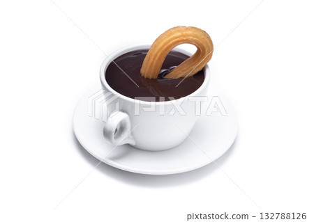 Spanish churros with hot thick chocolate in a white cup 132788126