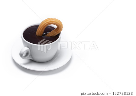 Spanish churros with hot thick chocolate in a white cup 132788128