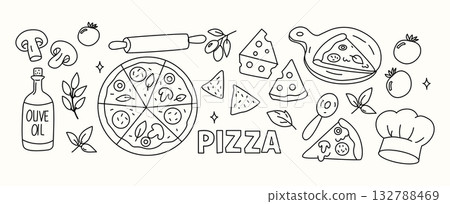 Pizza doodle set hand drawn food illustration with cheese, tomato, mushrooms, olive oil and Italian ingredients Pizza doodle set hand drawn food illustration with cheese, tomato, mushrooms, olive oil and Italian ingredients 132788469