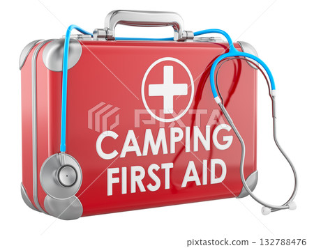 Camping First Aid Kit with stethoscope. 3D rendering 132788476