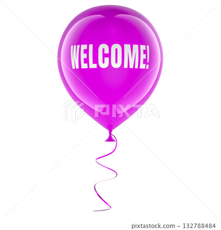 Welcome, purple balloon with ribbon. 3D rendering Welcome, purple balloon with ribbon. 3D rendering 132788484