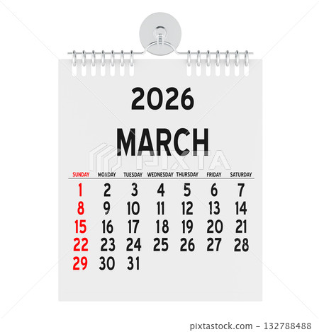 March 2026, wall calendar. 3D rendering 132788488