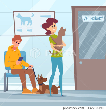 Veterinary. pet owners in vet clinic. vector concept background for animals care 132788490