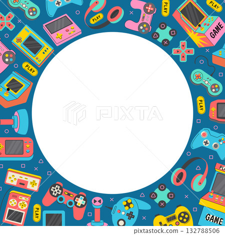Gaming background. circle shape background with game consoles and gamepads Gaming background. circle shape background with game consoles and gamepads 132788506