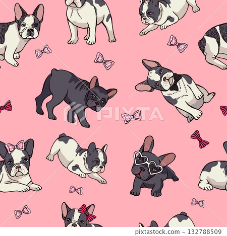 French bulldog. pattern with cute pets in funy poses. vector seamless background French bulldog. pattern with cute pets in funy poses. vector seamless background 132788509