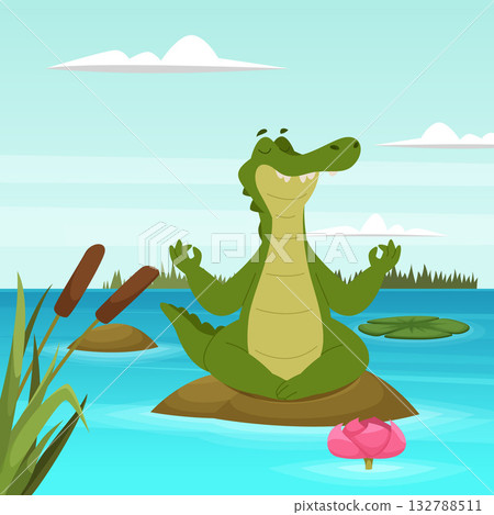 Crocodile meditation. cartoon cute reptile sitting in yoga pose in pond leaf 132788511