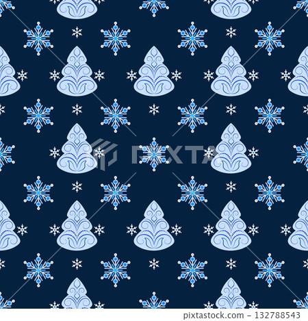 Blue Christmas trees and snowflakes. Cozy winter holiday seamless pattern on dark blue background. Winter cold forest. Fir trees with curls. Classic christmas holiday decor Blue Christmas trees and snowflakes. Cozy winter holiday seamless pattern on dark blue background. Winter cold forest. Fir trees with curls. Classic christmas holiday decor 132788543