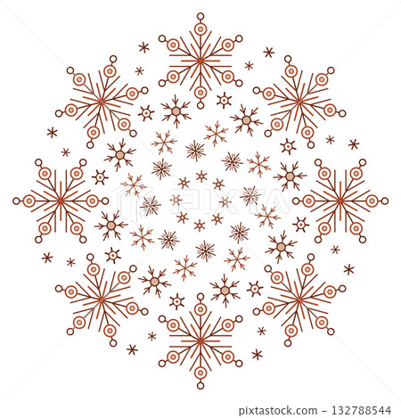 Winter round ornament of brown snowflakes. Gingerbread snowflakes on white background. Mandala ornament illustration. Christmas holiday decor 132788544