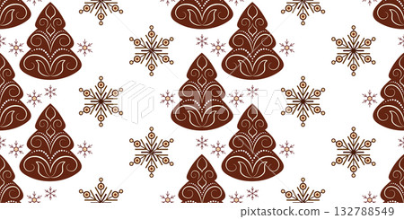 Brown gingerbread Christmas trees with snowflake decor. Cozy winter holiday seamless pattern on white background. Brown fir tree with white curls. Warm christmas holiday decor 132788549