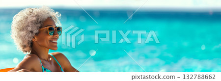 Black mature woman relaxing by poolside in swimsuit, enjoying sunny day and summer ocean holiday vibes Black mature woman relaxing by poolside in swimsuit, enjoying sunny day and summer ocean holiday vibes 132788662