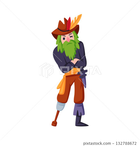 Man Pirate Character in Hat with Wooden Leg Vector Illustration 132788672