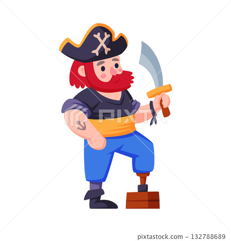 Man Pirate Character in Hat with Saber Vector Illustration 132788689