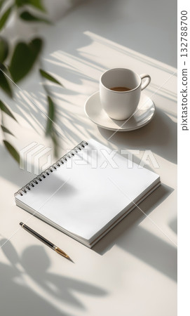 Calm morning workspace with coffee cup, spiral weekly planner and pen on sunlit desk with leaf shadow. Minimal home office scene for planning, schedule, productivity, freelance, blog, social, print. 132788700