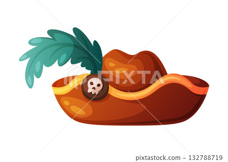 Pirate Hat and Headdress for Corsair with Feather and Skull Vector Illustration 132788719