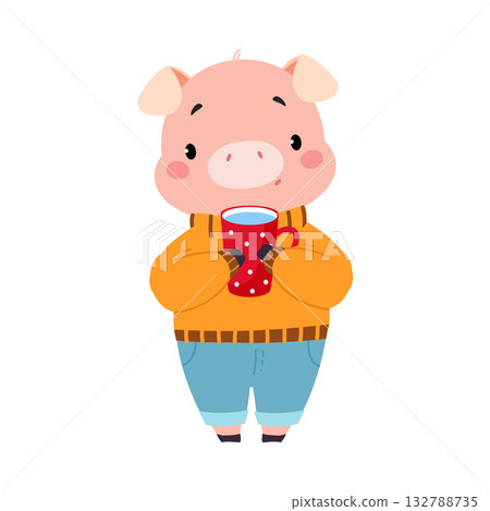 Cute Pig Character Stand and Hold Mug Vector Illustration Cute Pig Character Stand and Hold Mug Vector Illustration 132788735