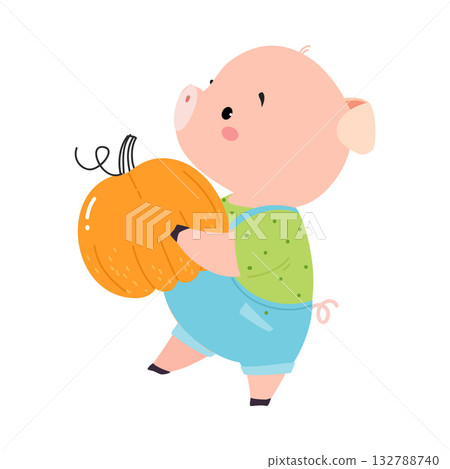 Cute Pig Character Carry Pumpkin Crop Vector Illustration Cute Pig Character Carry Pumpkin Crop Vector Illustration 132788740