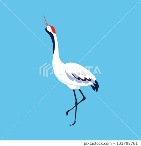 Red Crowned Crane as Long-legged and Long-necked Bird Standing on Blue Background Vector Illustration 132788761