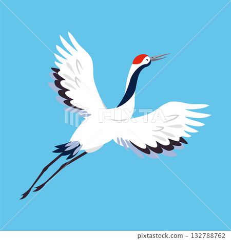 Red Crowned Crane as Long-legged and Long-necked Bird Flying with Spread Wings on Blue Background Vector Illustration Red Crowned Crane as Long-legged and Long-necked Bird Flying with Spread Wings on Blue Background Vector Illustration 132788762