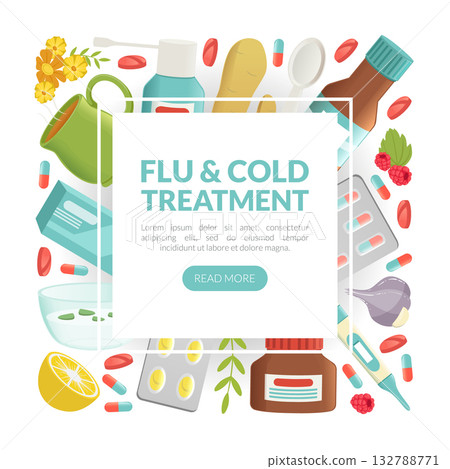Cold and Flu Remedy with Pills and Medicine Landing Page Vector Template 132788771