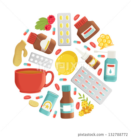 Cold and Flu Remedy with Pills and Medicine Arranged in Circle Vector Template 132788772