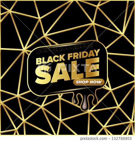 Black Friday sale SQUARE banner with golden text. Black friday melt label, sticker, icon isolated on black CRYSTAL background. creative graphic for promotional banners, social media, shopping labels 132788803