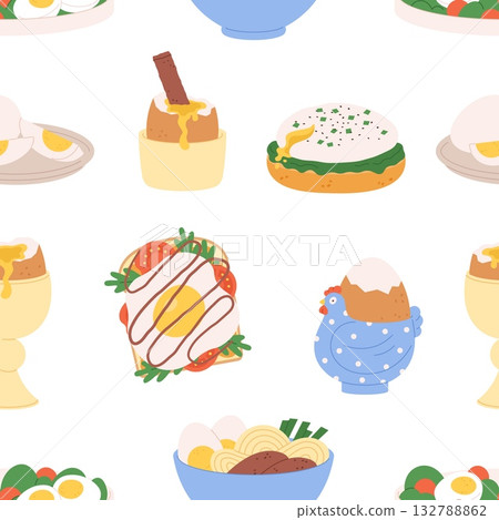 Tasty food seamless pattern. Noodles, eggs, sandwich with vegetables and toast. Cartoon nutrition, cafe bar breakfast meals, vector background Tasty food seamless pattern. Noodles, eggs, sandwich with vegetables and toast. Cartoon nutrition, cafe bar breakfast meals, vector background 132788862