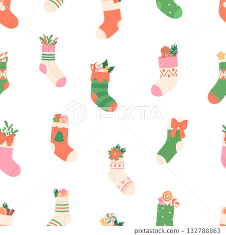 Socks seamless pattern. Christmas wool sock, winter holidays home decorations and accessories. Xmas new year gifts, sweets, candies, vector background Socks seamless pattern. Christmas wool sock, winter holidays home decorations and accessories. Xmas new year gifts, sweets, candies, vector background 132788863