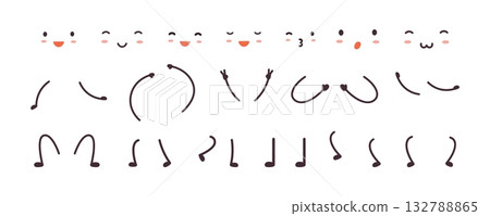 Simple cartoon hands legs face. Kawaii style face elements, cute emotions. Feet and arms in various poses for different characters, vector clipart Simple cartoon hands legs face. Kawaii style face elements, cute emotions. Feet and arms in various poses for different characters, vector clipart 132788865
