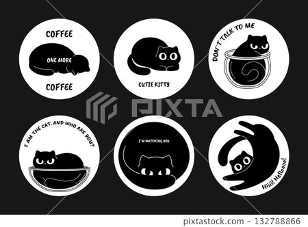 Pins templates with black cats. Cat characters various emotions. Black kitty mood, stickers or labels design with funny text. Cute pets vector clipart 132788866