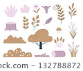 Forest elements. Autumn nature landscape set. Cartoon tree, mushroom, plants, wood, bushes and flower. Natural doodle style vector clipart 132788872