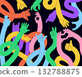 Flexible hands background. Vibrant neon hand cartoon human characters, community, people group different signs. Comic arms vector design 132788875